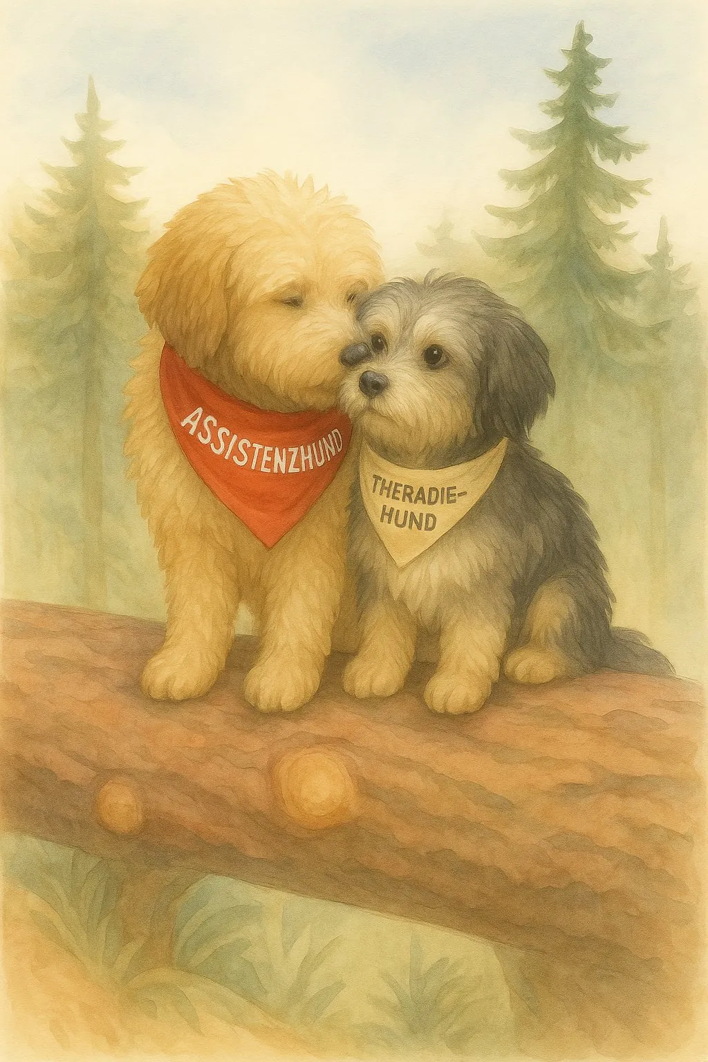 Assistenzhund mit Halstuch im Wald – aufmerksam und ruhig