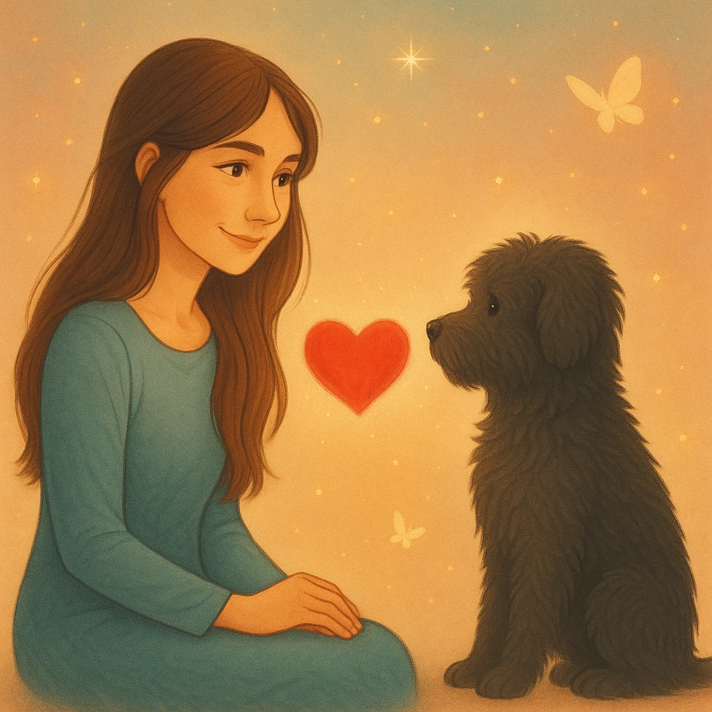 Ein Hund sitzt eng bei einem Menschen, zwischen ihnen ein Herz.