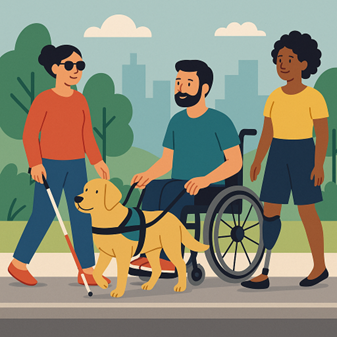 Menschen mit sichtbaren und unsichtbaren Behinderungen und einem Assistenzhund