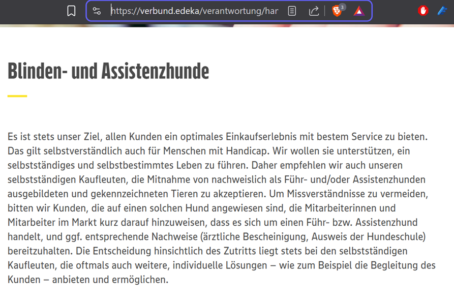 Screenshot der EDEKA-Webseite zu Blinden- und Assistenzhunden