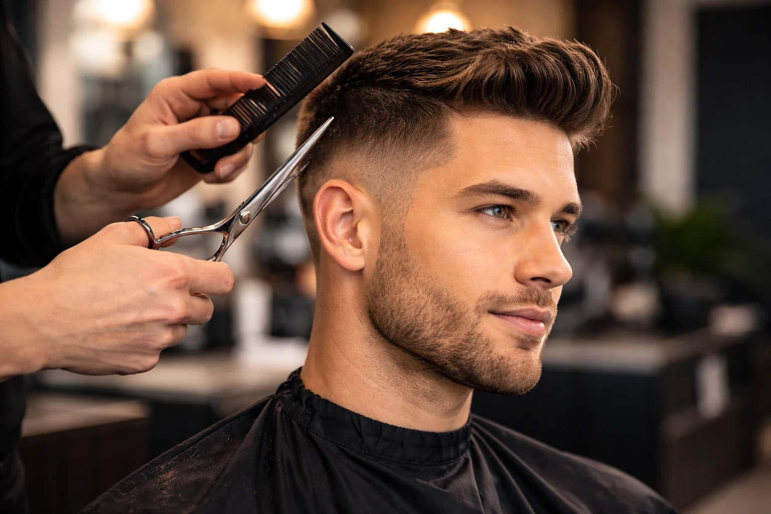 Herrenhaarschnitt mit Kamm und Schere im Salon