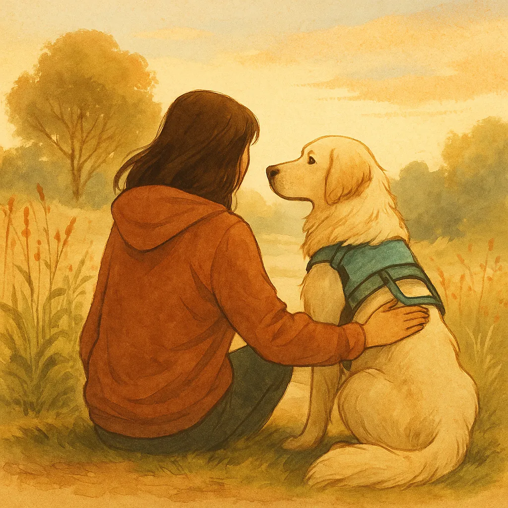 Person mit Assistenzhund, die gemeinsam einen neuen Weg beginnen