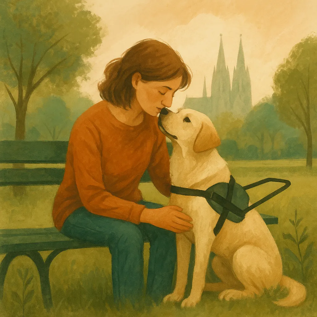 Illustration: Mensch und Assistenzhund in enger emotionaler Verbindung