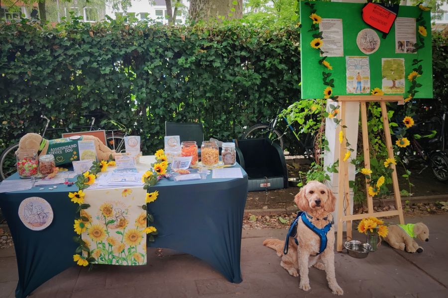 Gesamter Infostand mit Assistenzhund Mina