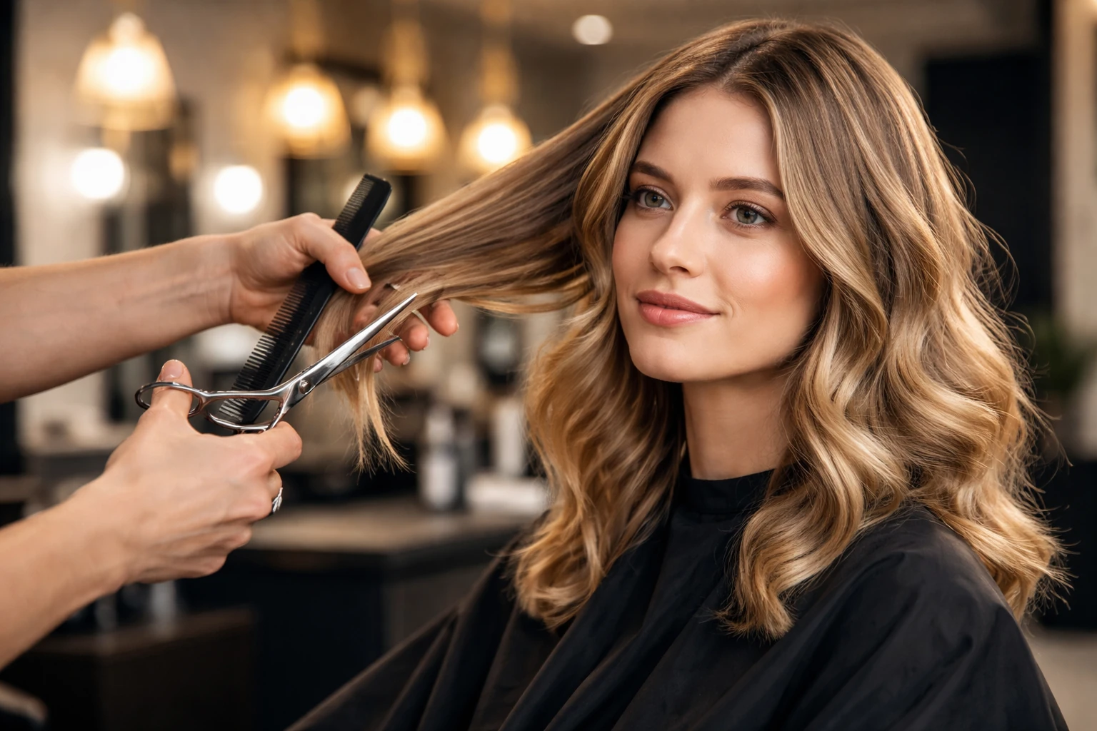 Damenhaarschnitt mit Kamm und Schere